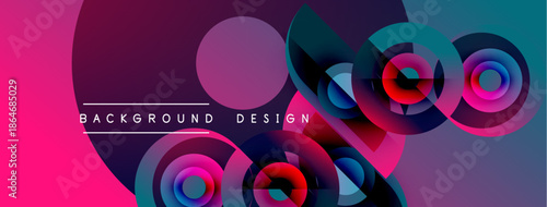 Abstract vibrant design. Circles overlap, creating dynamic visual effect. Pink, purple, teal hues dominate composition. Text reads background design.
