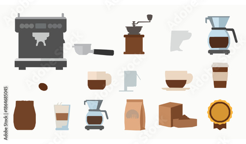 Cafe equipment and coffee drinks color icon pack vector