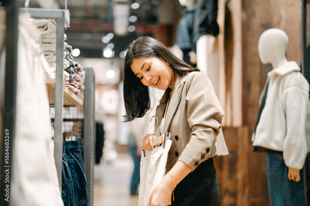 Obraz premium Happy asian business woman shopping clothing shop in department store after work life baclance modern lifestyles retail therapy single person