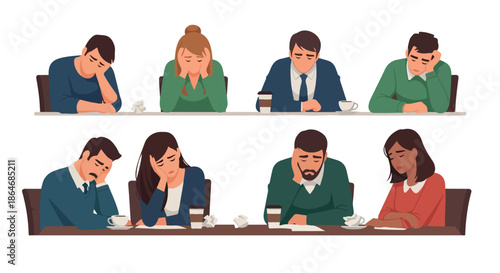 Sad people at meeting table with coffee cups