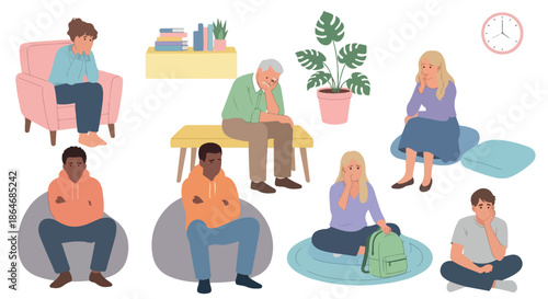 Sad people sitting in a room, emotional support concept