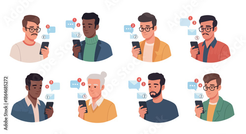 People using smartphones with various expressions