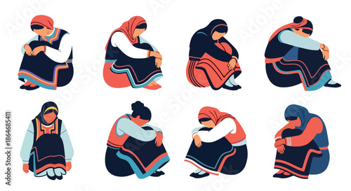 Women in traditional clothing sitting with thoughtful expressions