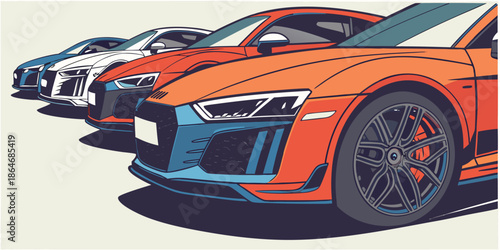 Vibrant pop art illustration of modern performance vehicles lined up on a road