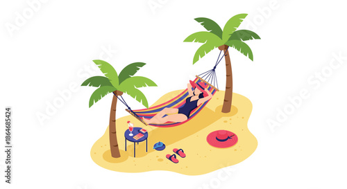Relaxed woman lying comfortably in a colorful hammock suspended between two palm trees on a small sandy tropical island beach.