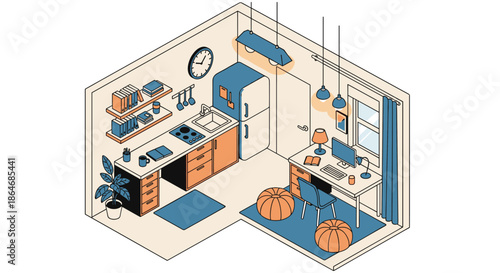 Compact isometric studio apartment layout featuring a fully equipped kitchen and a functional home office area with a desk.