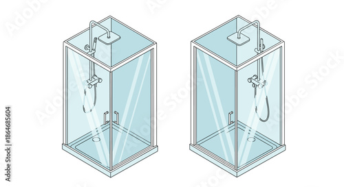 Pair of modern square glass shower cabins with chrome fixtures shown from different isometric angles on a plain white background.
