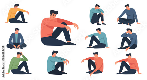 Sad men sitting in various poses