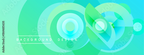 Abstract vibrant background. Overlapping circles create dynamic visual effect. Gradient shades of green, turquoise dominate composition. Modern design element.