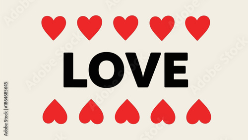 Modern graphic illustration of the word 'LOVE' in bold black letters, beautifully accompanied by two rows of cheerful red hearts on a soft, neutral backdrop