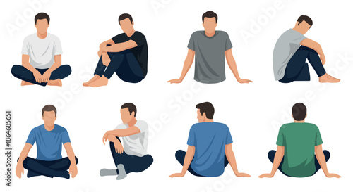 Men sitting in various poses with transparent background