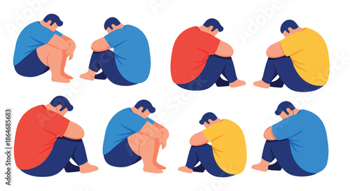Sad man sitting isolated in various colors