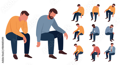 Sad men sitting down in various poses
