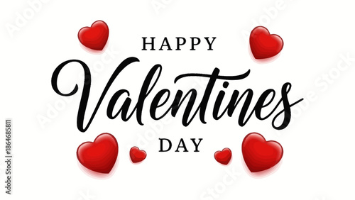 Elegant Happy Valentine's Day calligraphic greeting design with decorative red hearts, perfect for romantic celebrations and loving messages