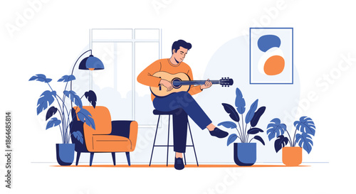 Young man sitting on a high stool and playing an acoustic guitar in a cozy living room decorated with many lush green plants.