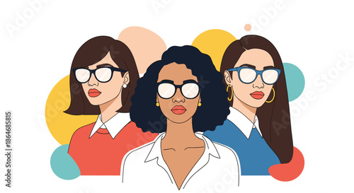 Group of three diverse and stylish women wearing different types of fashionable eyewear against a colorful and circular background.