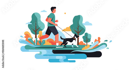 Healthy man jogging with his black and white dog on a leash through a beautiful park with autumn trees and a flowing river.
