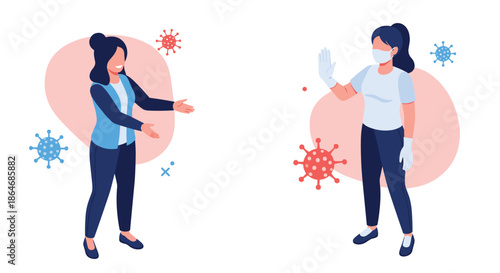 Two women maintaining social distancing while meeting outdoors with one wearing a protective face mask and blue medical gloves.