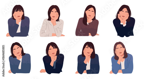 Woman posing with thoughtful expressions, various outfits