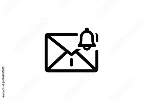 Vector Black outline email message notification bell icon, digital communication alert symbol.