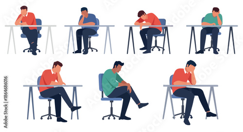 Men sitting at desks looking down with transparent background