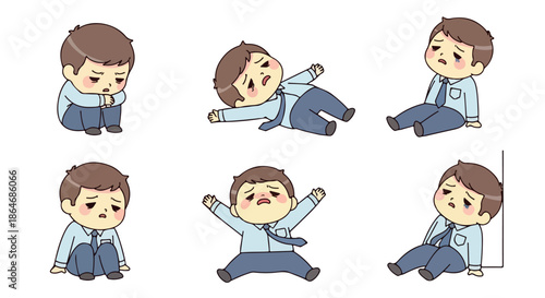 Sad businessman in various poses expressing distress
