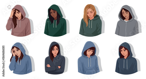 Sad women in hoodies with transparent background