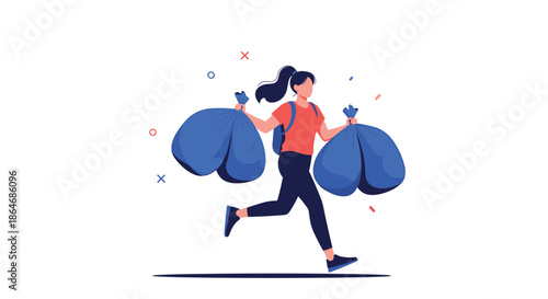 Determined woman jogging while carrying two large blue trash bags as part of a healthy and eco-friendly plogging activity.