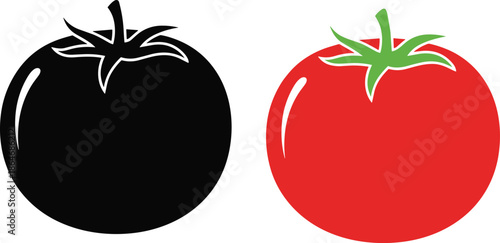Tomato silhouette and color illustration set showing black and red ripe tomato icons, isolated on white background for food, cooking, grocery, and design concepts