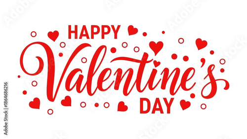 Romantic hand-drawn Happy Valentine's Day calligraphy script with floating red hearts, perfect for greeting cards, banners, and festive decorations celebrating love