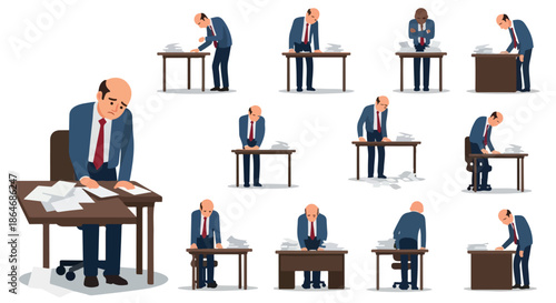 Stressed businessman in various poses with desk