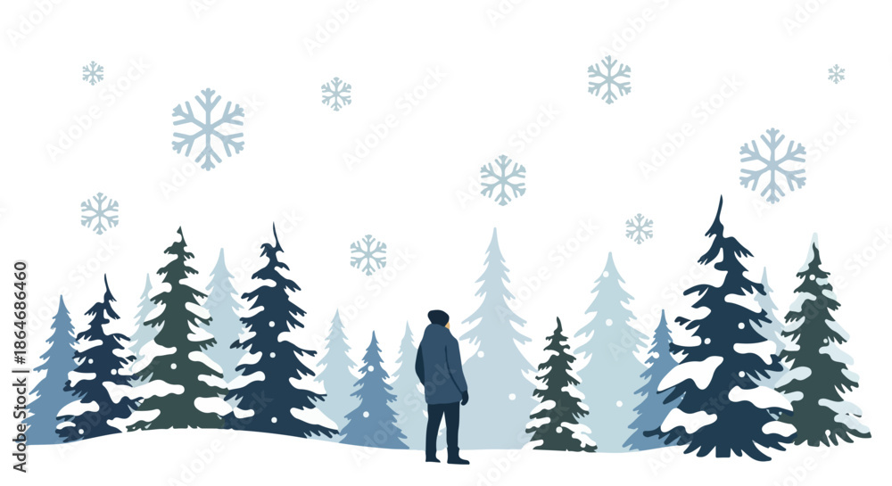 Εκτύπωση καμβά Winter forest scene with person looking at snowfall
