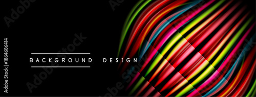 Abstract colorful lines over black background. Dynamic wave pattern creates modern design element. Text reads background design.