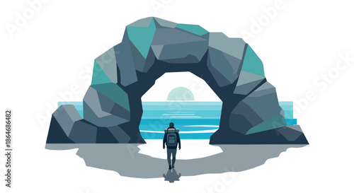 Coastal archway with traveler silhouette and ocean view