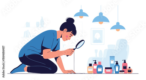 Curious young woman kneeling on the floor while using a magnifying glass to closely examine a collection of beauty and skincare products.