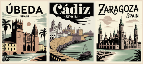 Retro-style triptych showcasing Ubeda, Cádiz, and Zaragoza with iconic architecture, minimalist colors, and stylized travel poster design.
