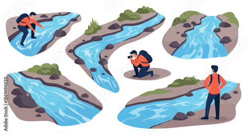 Hikers exploring stream landscape with rocks and foliage