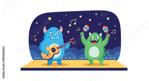 Two cute monsters performing a musical show on a wooden stage under a starry night sky with one playing guitar and the other shaking maracas.