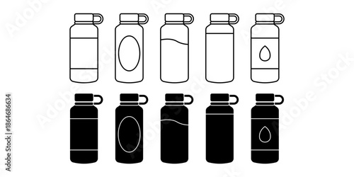 Water Bottle Hydration Black Icon Bundle for Sport and Daily Health