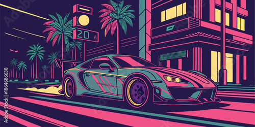 Vibrant Retro Future Sports Car Night Drive Synthwave Aesthetic Illustration