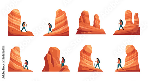 Hiker walking on sandstone formations in desert landscape