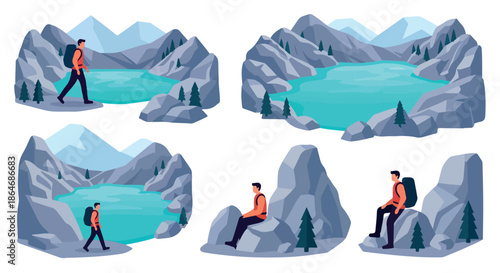 Hikers exploring mountain lake landscape