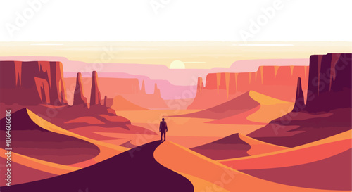 Desert landscape with lone figure at sunset