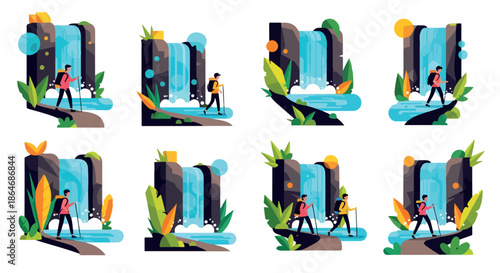 Hikers exploring waterfalls in a scenic landscape