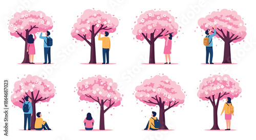 People enjoying cherry blossom trees in spring season