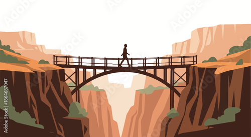 Person crossing bridge over canyon landscape