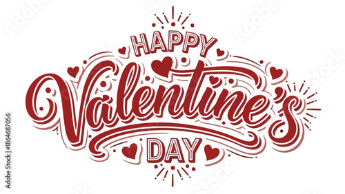 Happy Valentine's Day" artistic script typography, elegantly designed with hearts and festive decorative elements for romantic holiday greetings and celebrations