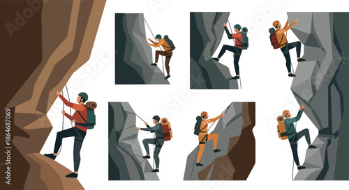 Rock climbers ascending steep cliffs in various poses