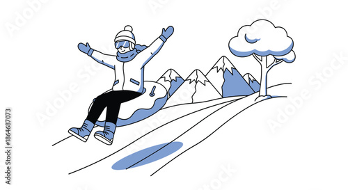 Excited person wearing winter gear slides down a snowy hill on an inflatable tube with snowy mountains in the background.