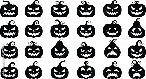 Halloween pumpkin face silhouette collection featuring spooky, scary, and funny jack o lantern expressions, isolated on white background for holiday design projects